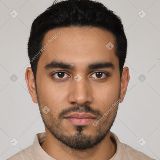 Neutral latino young-adult male with short  black hair and brown eyes