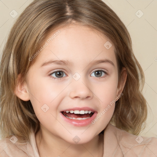 Joyful white child female with medium  brown hair and brown eyes