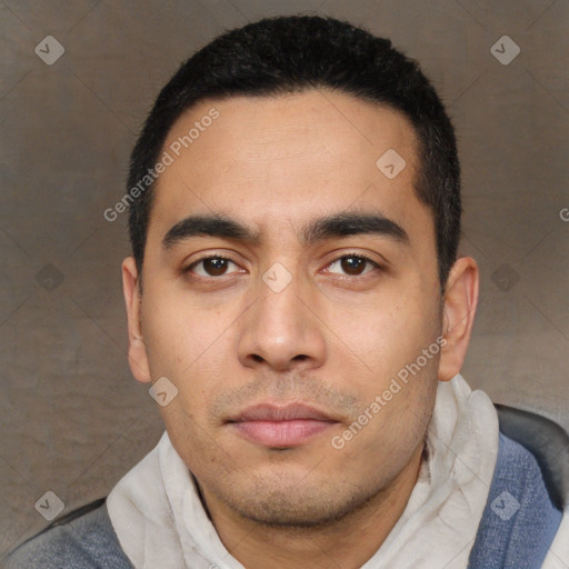 Neutral white young-adult male with short  black hair and brown eyes