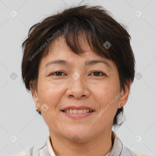 Joyful white adult female with medium  brown hair and brown eyes