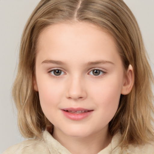 Joyful white child female with medium  brown hair and brown eyes