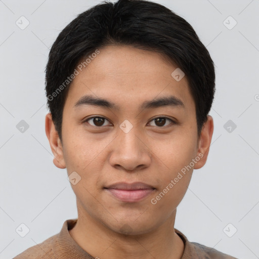 Joyful asian young-adult male with short  brown hair and brown eyes