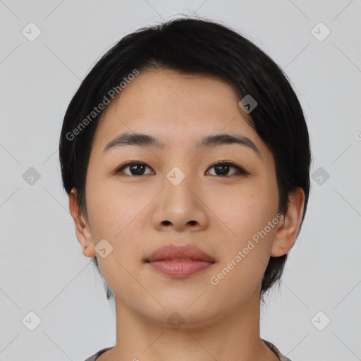 Neutral asian young-adult female with medium  black hair and brown eyes