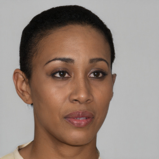 Neutral latino young-adult female with short  brown hair and brown eyes