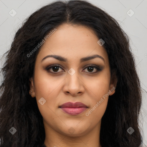 Joyful latino young-adult female with long  brown hair and brown eyes