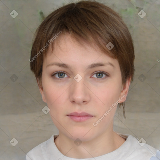 Neutral white young-adult female with short  brown hair and brown eyes