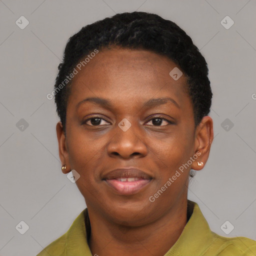 Joyful black young-adult female with short  black hair and brown eyes