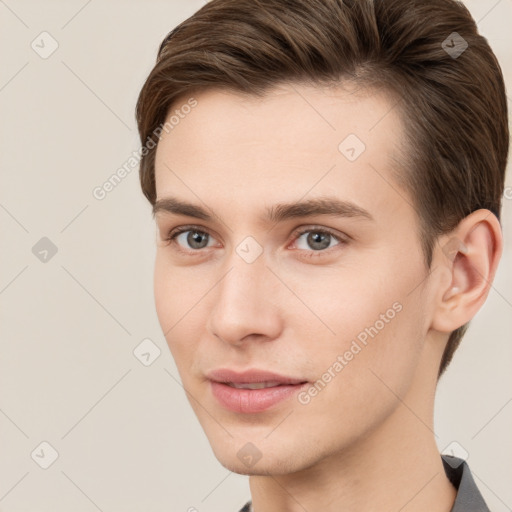 Neutral white young-adult male with short  brown hair and brown eyes