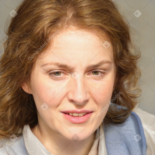 Joyful white adult female with medium  brown hair and blue eyes