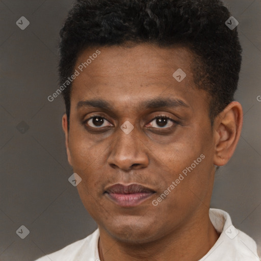 Joyful black young-adult male with short  brown hair and brown eyes