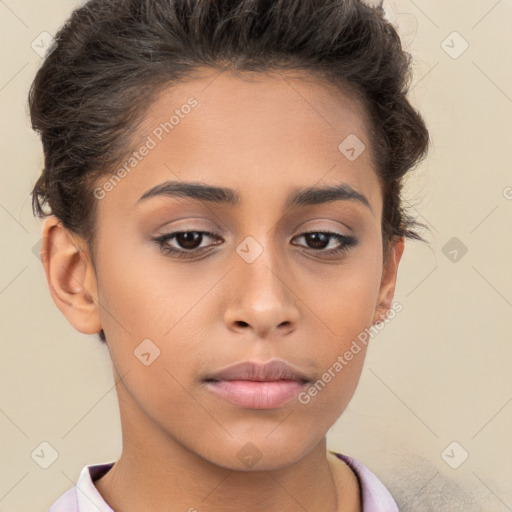 Neutral white young-adult female with short  brown hair and brown eyes