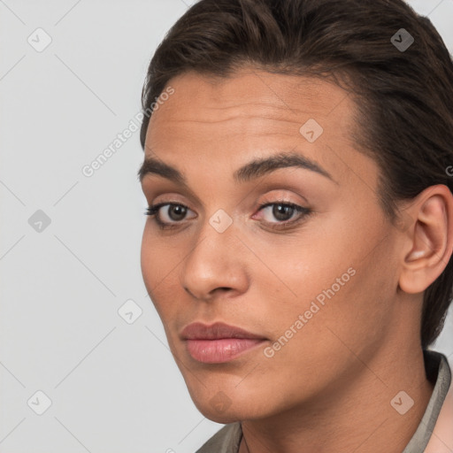 Neutral white young-adult female with short  brown hair and brown eyes