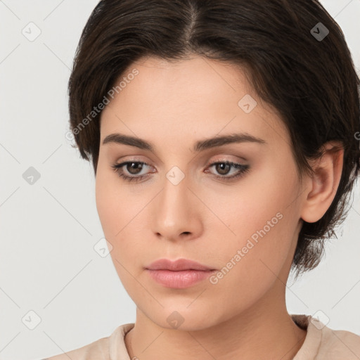 Neutral white young-adult female with medium  brown hair and brown eyes