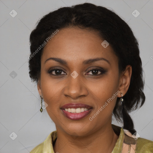 Joyful black young-adult female with medium  brown hair and brown eyes