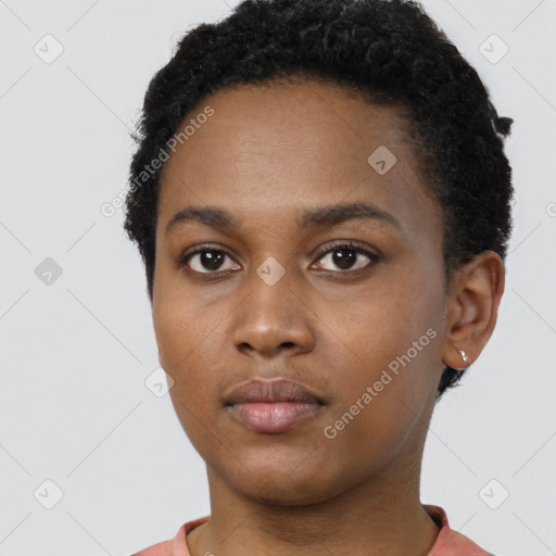 Neutral black young-adult female with short  black hair and brown eyes