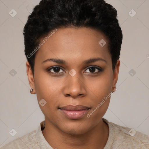 Neutral black young-adult female with short  black hair and brown eyes