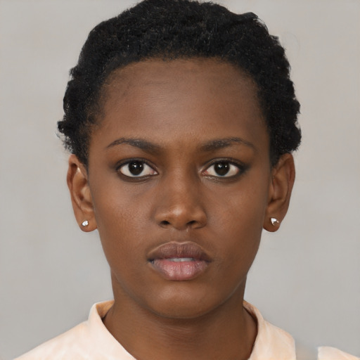 Neutral black young-adult female with short  black hair and brown eyes