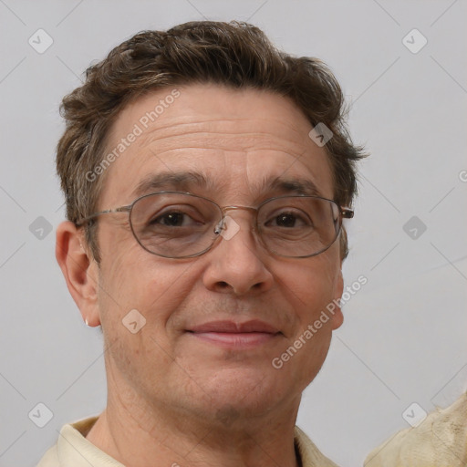 Joyful white middle-aged male with short  brown hair and brown eyes