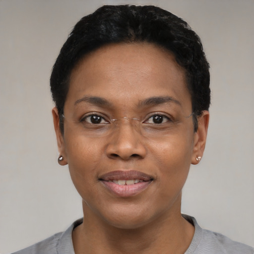 Joyful black young-adult female with short  black hair and brown eyes