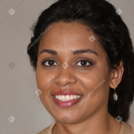 Joyful black young-adult female with medium  brown hair and brown eyes