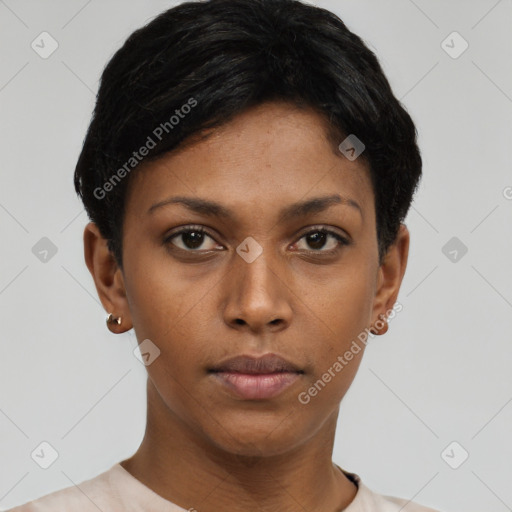 Neutral black young-adult female with short  black hair and brown eyes