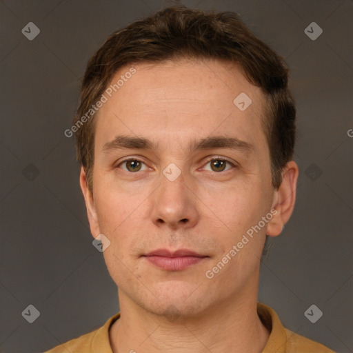 Neutral white young-adult male with short  brown hair and grey eyes