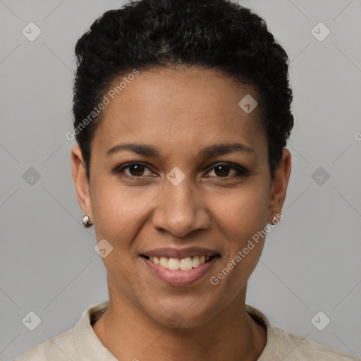 Joyful latino young-adult female with short  black hair and brown eyes