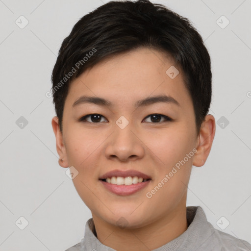 Joyful asian young-adult female with short  brown hair and brown eyes