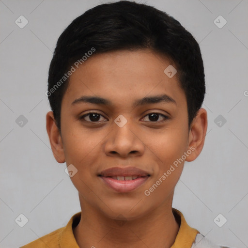 Joyful latino young-adult female with short  black hair and brown eyes