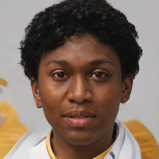 Neutral black young-adult female with short  black hair and brown eyes