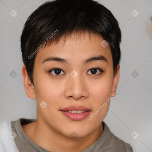 Joyful asian young-adult female with short  brown hair and brown eyes