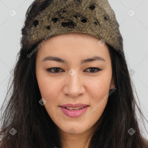 Joyful asian young-adult female with long  brown hair and brown eyes