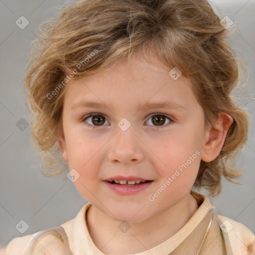 Joyful white child female with medium  brown hair and brown eyes