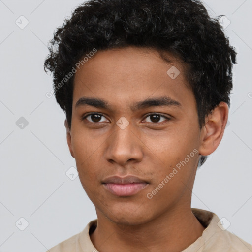 Neutral latino young-adult male with short  brown hair and brown eyes