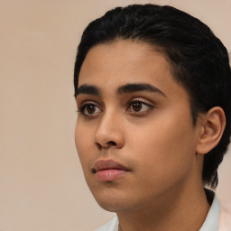 Neutral latino young-adult female with short  black hair and brown eyes