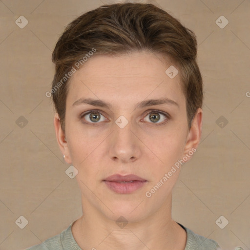 Neutral white young-adult female with short  brown hair and grey eyes