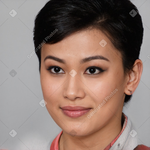 Joyful asian young-adult female with short  brown hair and brown eyes