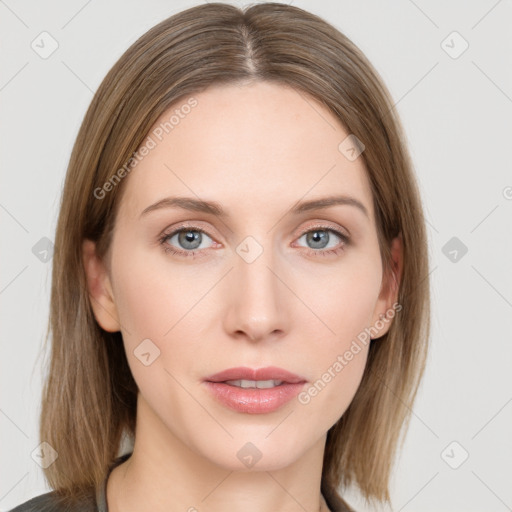 Neutral white young-adult female with medium  brown hair and grey eyes