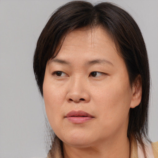 Joyful asian adult female with medium  brown hair and brown eyes