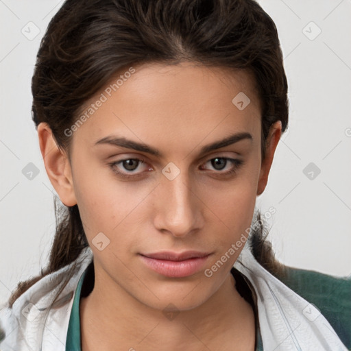 Neutral white young-adult female with medium  brown hair and brown eyes