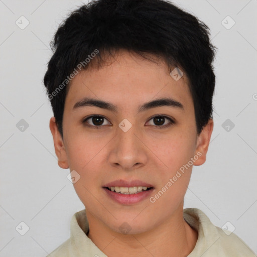 Joyful asian young-adult female with short  brown hair and brown eyes