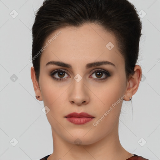 Neutral white young-adult female with short  brown hair and brown eyes