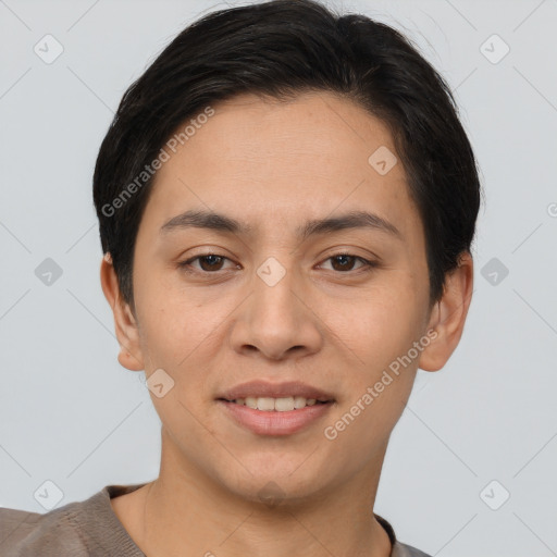 Joyful white young-adult female with short  brown hair and brown eyes