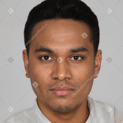 Neutral latino young-adult male with short  black hair and brown eyes