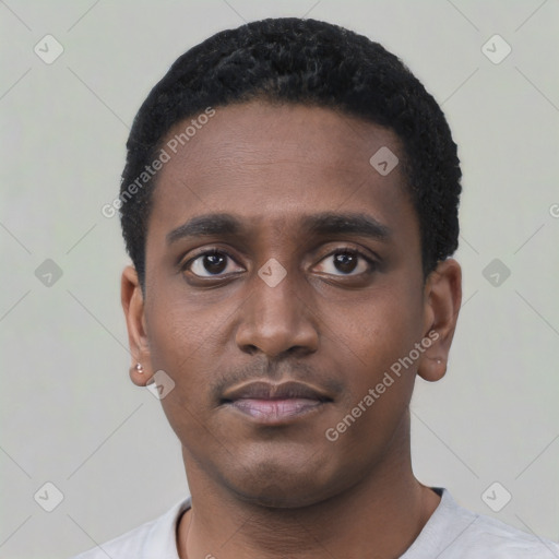 Neutral black young-adult male with short  black hair and brown eyes
