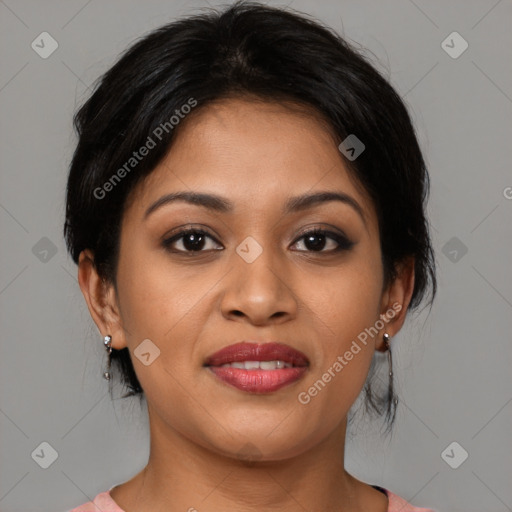 Joyful latino young-adult female with medium  brown hair and brown eyes