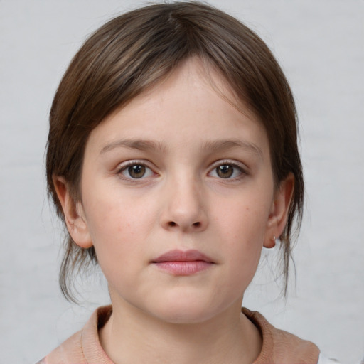 Neutral white child female with medium  brown hair and grey eyes