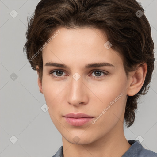 Neutral white young-adult female with medium  brown hair and brown eyes