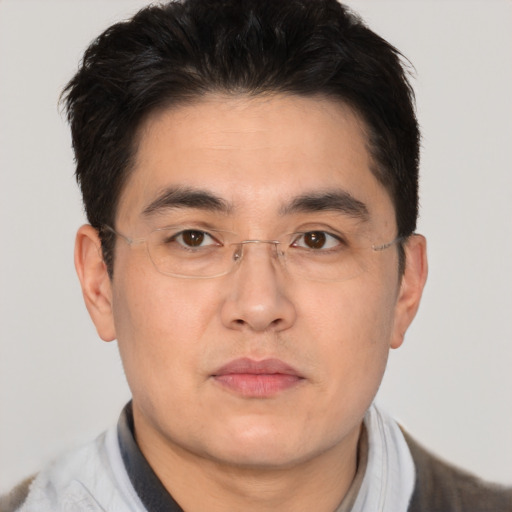 Neutral asian adult male with short  brown hair and brown eyes