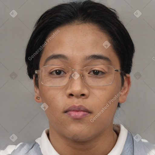 Neutral asian young-adult female with short  brown hair and brown eyes
